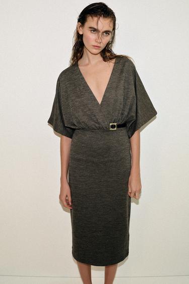 MIDI PIQUÉ DRESS WITH BELT - Dark green by Zara