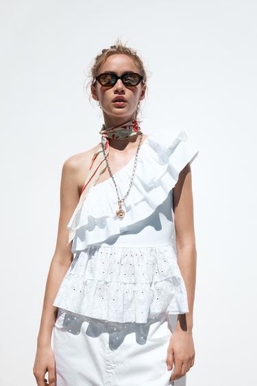 ASYMMETRIC EMBROIDERED TOP - White by Zara