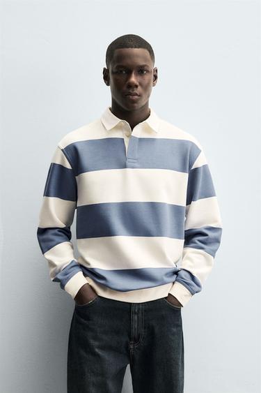 CONTRAST COLLAR POLO SWEATSHIRT - Ecru / Blue by Zara