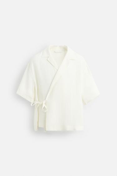 100% LINEN TIE SHIRT - Oyster-white by Zara