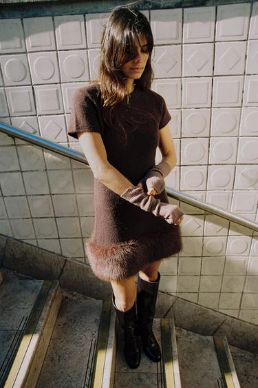 KNIT DRESS WITH FAUX FUR DETAIL - Brown by Zara