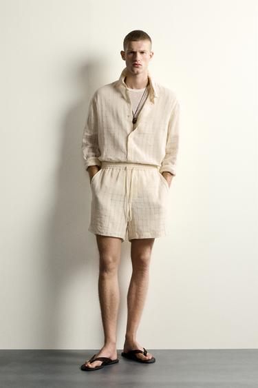 LINEN/COTTON CHECKED JACQUARD RELAXED FIT SHIRT - Ecru by Zara