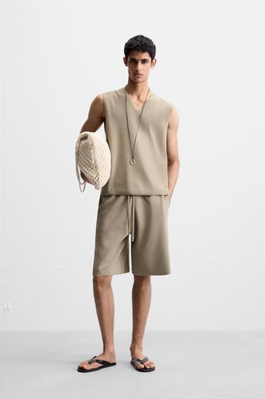 RELAXED FIT KNITTED BERMUDA SHORTS - Khaki by Zara - Image 0