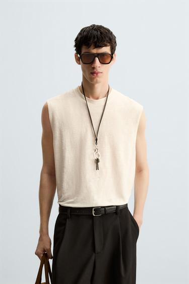 100% LINEN TANK T-SHIRT - Ecru by Zara