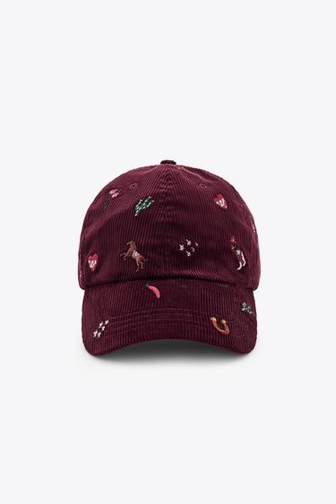 EMBROIDERED CORDUROY CAP - Burgundy by Zara