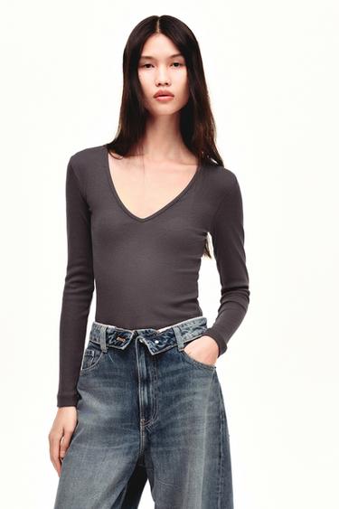 LONG SLEEVE RIBBED TOP - Brown by Zara