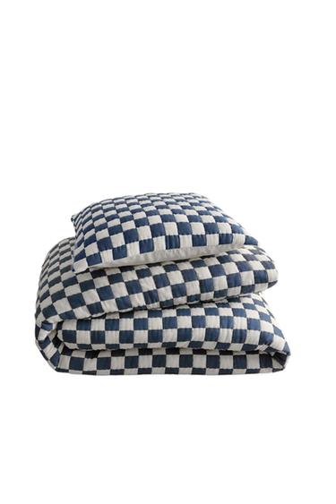 CHECK COTTON QUILTED BEDSPREAD - Blue by Zara