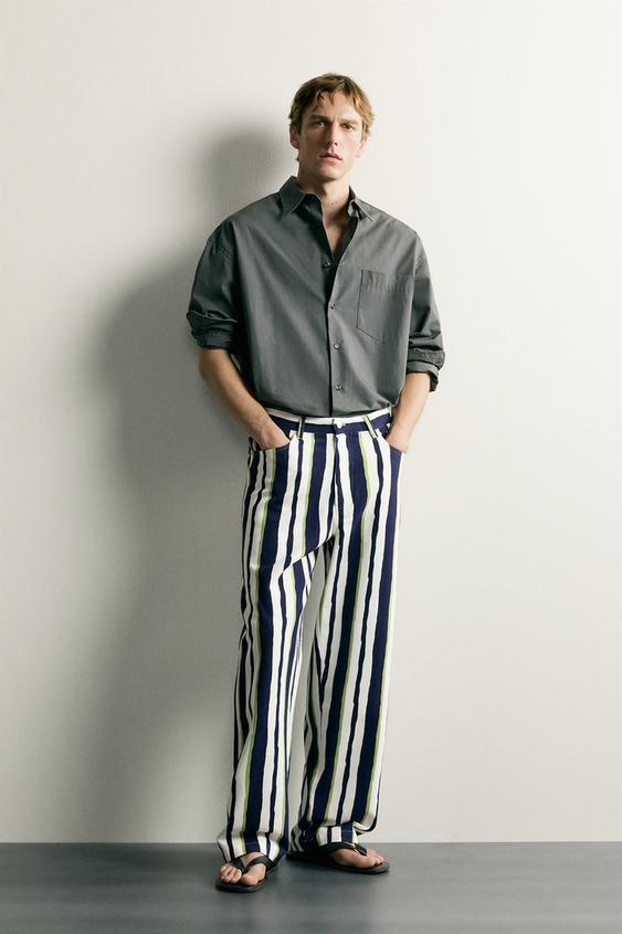 STRIPED STRAIGHT-LEG TROUSERS - Navy blue by Zara - Image 0