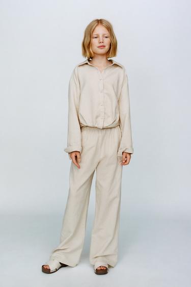 LINEN BLEND WIDE-LEG TROUSERS - Sand by Zara