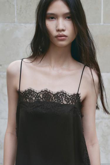 ZW COLLECTION SATIN LACE TOP - Dark brown by Zara