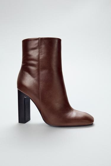 LEATHER WIDE HEEL ANKLE BOOTS - Brown by Zara