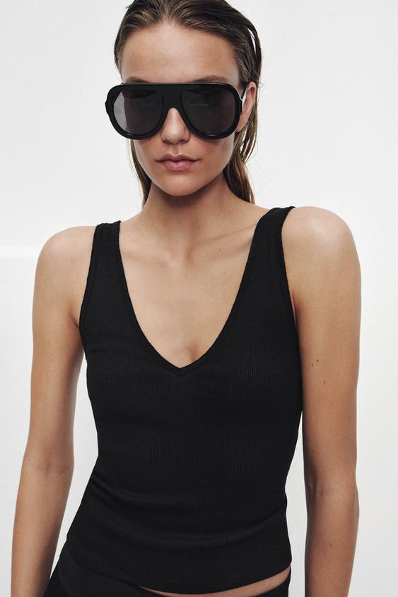 RIB V-NECK TOP - Black by Zara - Image 0