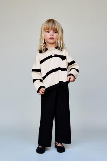 STRIPED KNITTED POLO SHIRT WITH HEART - Ecru / Black by Zara
