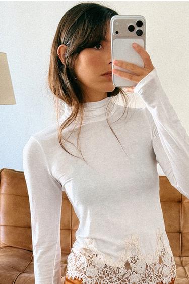 COMBINED LACE T-SHIRT - Oyster-white by Zara