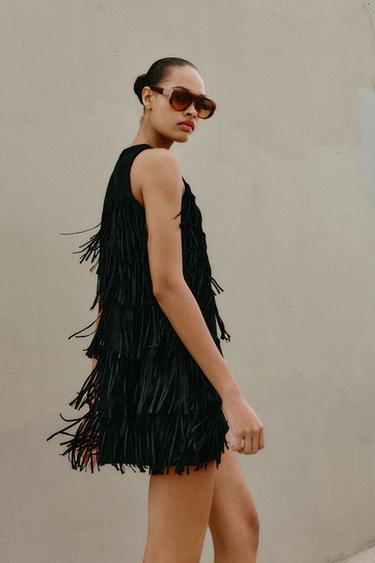 STUDDED FRINGED FAUX SUEDE DRESS - Black by Zara