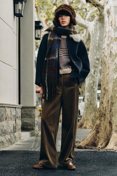 ZW COLLECTION WIDE-LEG CORDUROY TROUSERS - Olive green by Zara