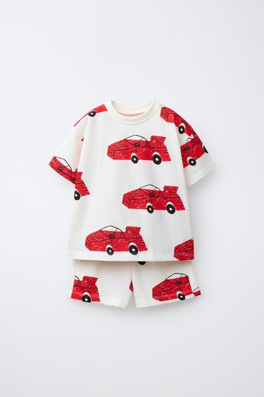 CAR T-SHIRT AND BERMUDA SHORTS SET - Ecru / Red by Zara