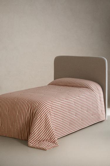 KIDS' STRIPED LINEN AND COTTON QUILTED BEDSPREAD - Brick by Zara