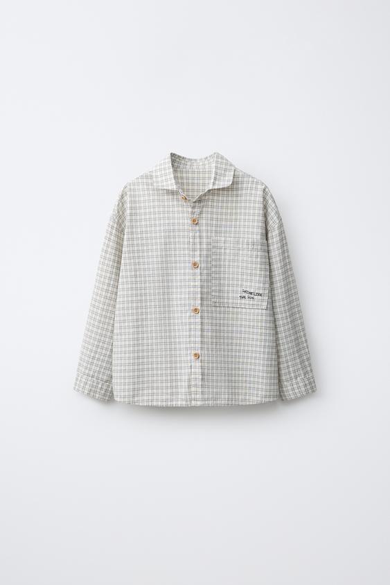 CHECK SHIRT WITH EMBROIDERY - Light grey by Zara - Image 0