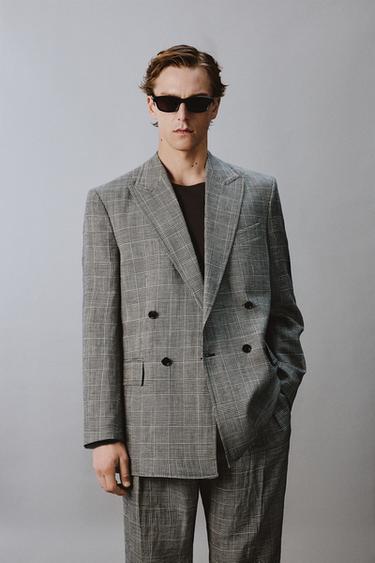 DOUBLE-BREASTED CHECK WOOL-LINEN SUIT BLAZER AARON LEVINE X ZARA - Black / White by Zara