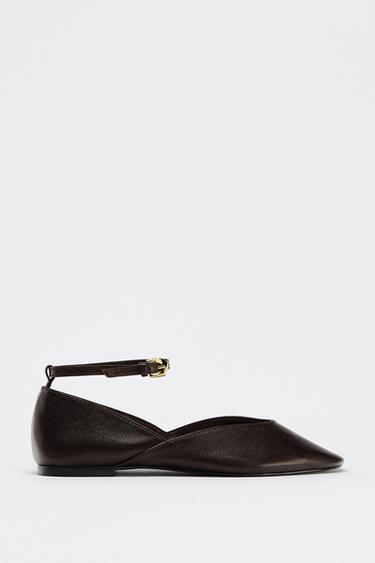 LEATHER ANKLE STRAP BALLERINAS - Brown by Zara