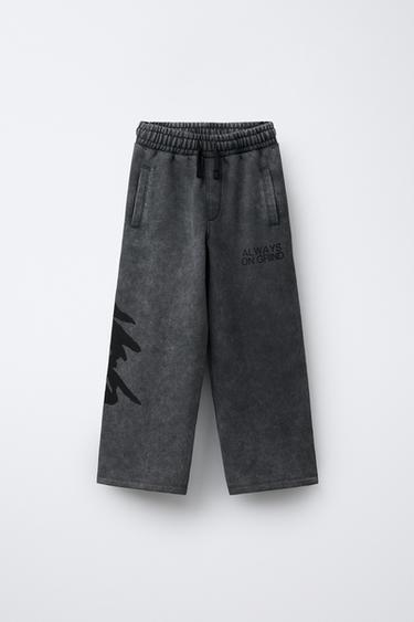 PLUSH WIDE-LEG TROUSERS WITH WASHED GRAFFITI EFFECT - Dark anthracite by Zara
