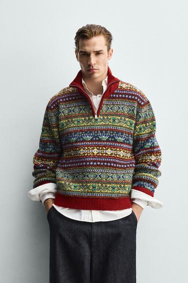 GEOMETRIC JACQUARD QUARTER-ZIP JUMPER - Red by Zara
