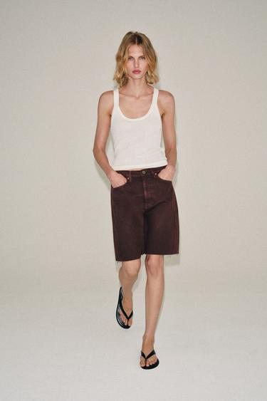 ZW COLLECTION RELAXED FIT MID-WAIST DENIM BERMUDA SHORTS - Burgundy by Zara