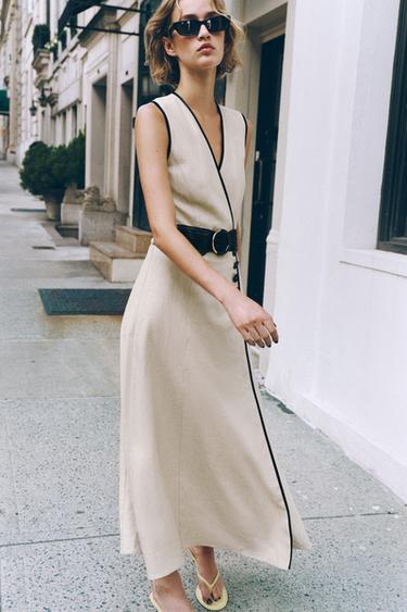 LINEN BLEND MIDI DRESS WITH BELT - Light beige by Zara