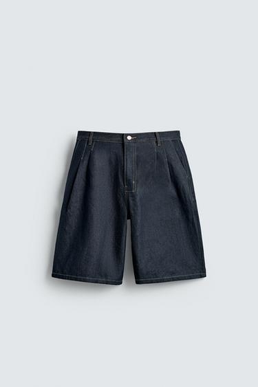 PLEATED RELAXED FIT DENIM BERMUDA SHORTS - Blue by Zara