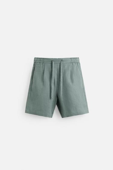 100% LINEN REGULAR FIT BERMUDA SHORTS - Grey green by Zara
