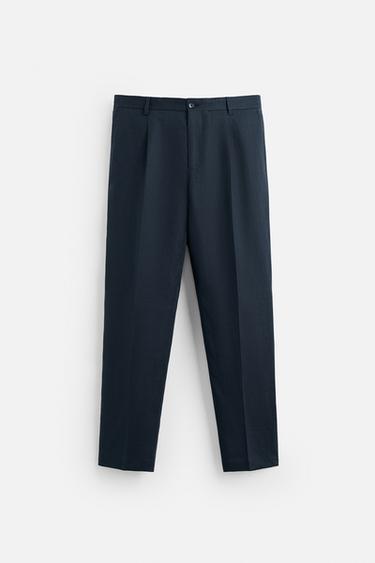 100% LINEN PLEATED TROUSERS - Dark navy by Zara