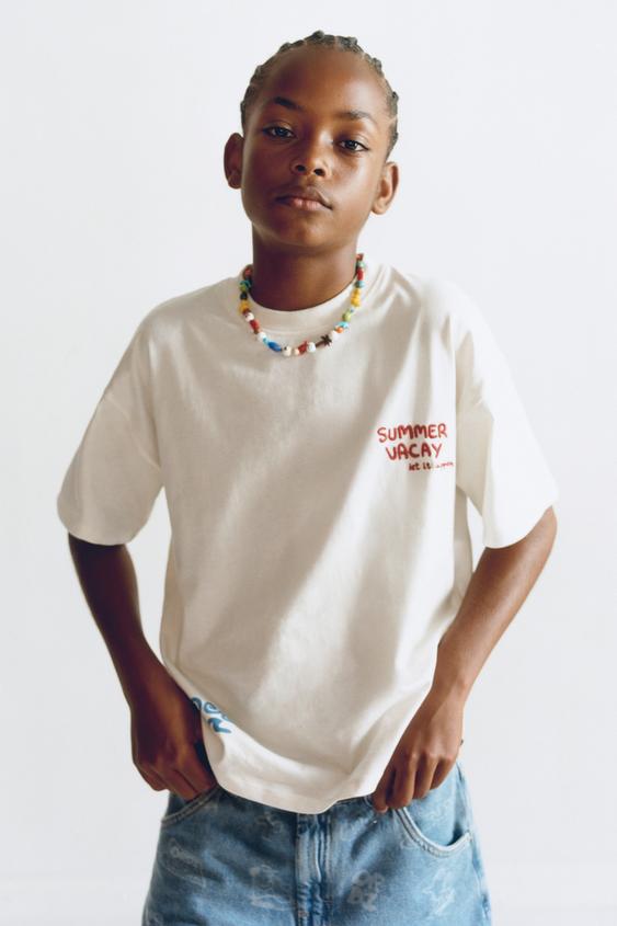 EMBROIDERED AND PRINTED T-SHIRT - Oyster-white by Zara - Image 0
