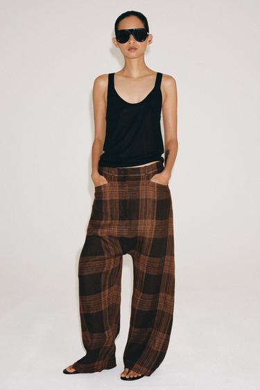 ZW COLLECTION CHECKED LINEN TROUSERS - Brown by Zara