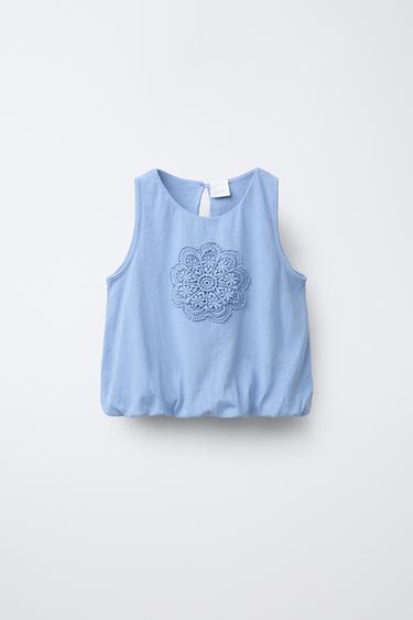 EMBROIDERED FLORAL BALLOON T-SHIRT - Light blue by Zara
