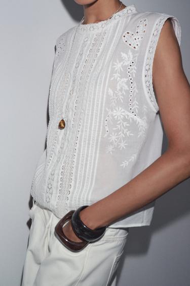 ZW COLLECTION LADDER STITCH SLEEVELESS BLOUSE - Oyster-white by Zara