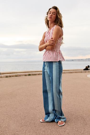 STRIPED TOP WITH FROG FASTENING - White / Red by Zara