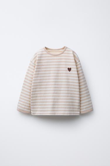 HEAVY WEIGHT WOVEN STRIPE T-SHIRT WITH HEART PATCH - Beige by Zara