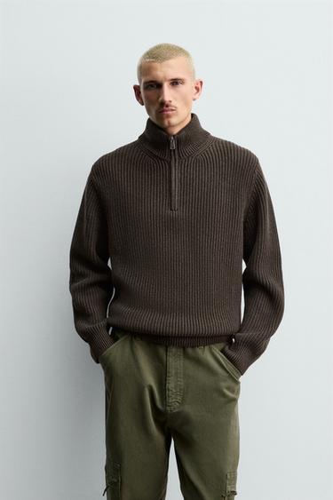 PURL KNIT QUARTER-ZIP SWEATER - brown vigore by Zara