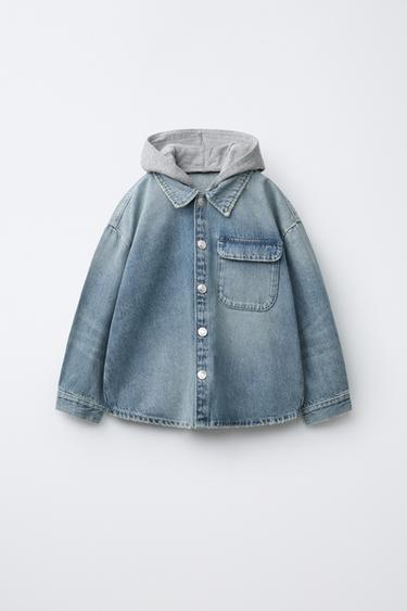 DENIM OVERSHIRT WITH REMOVABLE HOOD - Mid-blue by Zara