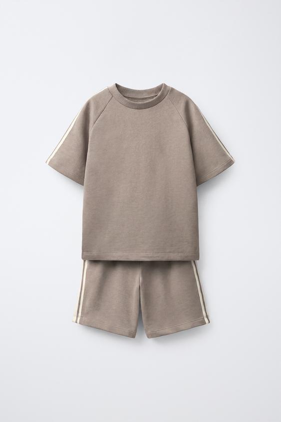 PLUSH T-SHIRT AND STRIPED BERMUDA SHORTS SET - Beige by Zara - Image 0