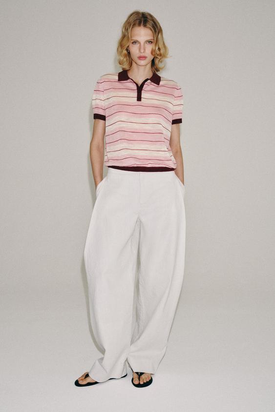 STRIPED KNIT POLO SHIRT - Pink / White by Zara - Image 0