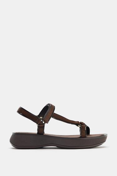 STRAPPY HOOK-AND-LOOP SANDALS - Chocolate Brown by Zara