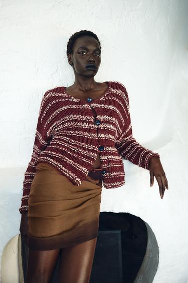 CONTRAST KNIT CARDIGAN - White / Maroon by Zara - Image 0
