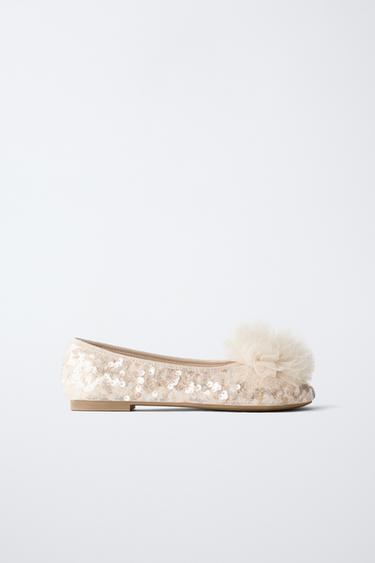 SEQUIN POMPOM BALLET FLATS - Ecru White by Zara