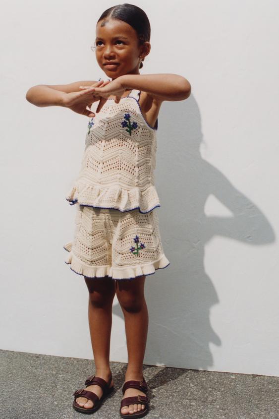 KNIT BERMUDA SHORTS WITH FLORAL EMBROIDERY - Ecru / Blue by Zara - Image 0