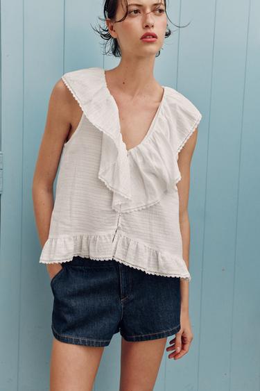 RUFFLED LACE TRIM BLOUSE - White by Zara