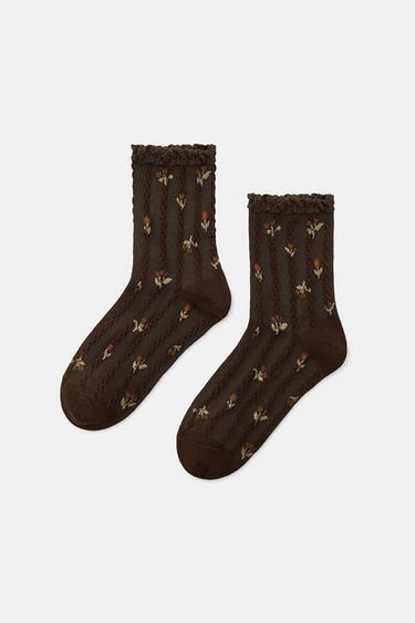 FLORAL PRINT LACE TRIM SOCKS - Brown by Zara