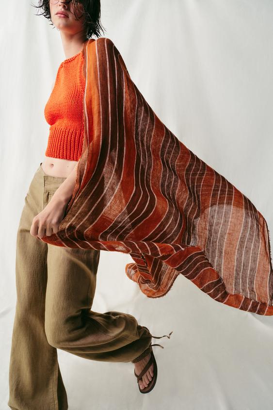 100% LINEN STRIPED PRINT SCARF - Russet by Zara - Image 0