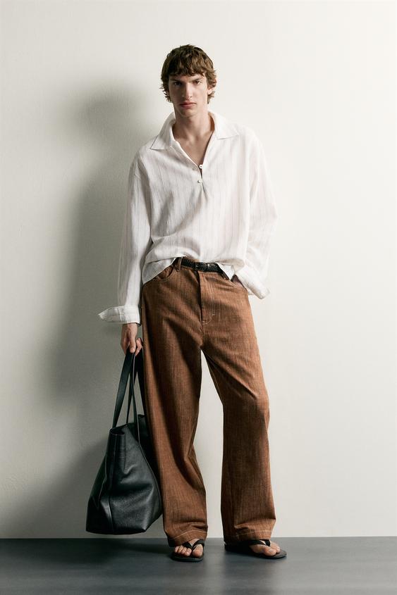 STRIPED COTTON/LINEN POLO SHIRT - Ecru / Beige by Zara - Image 0
